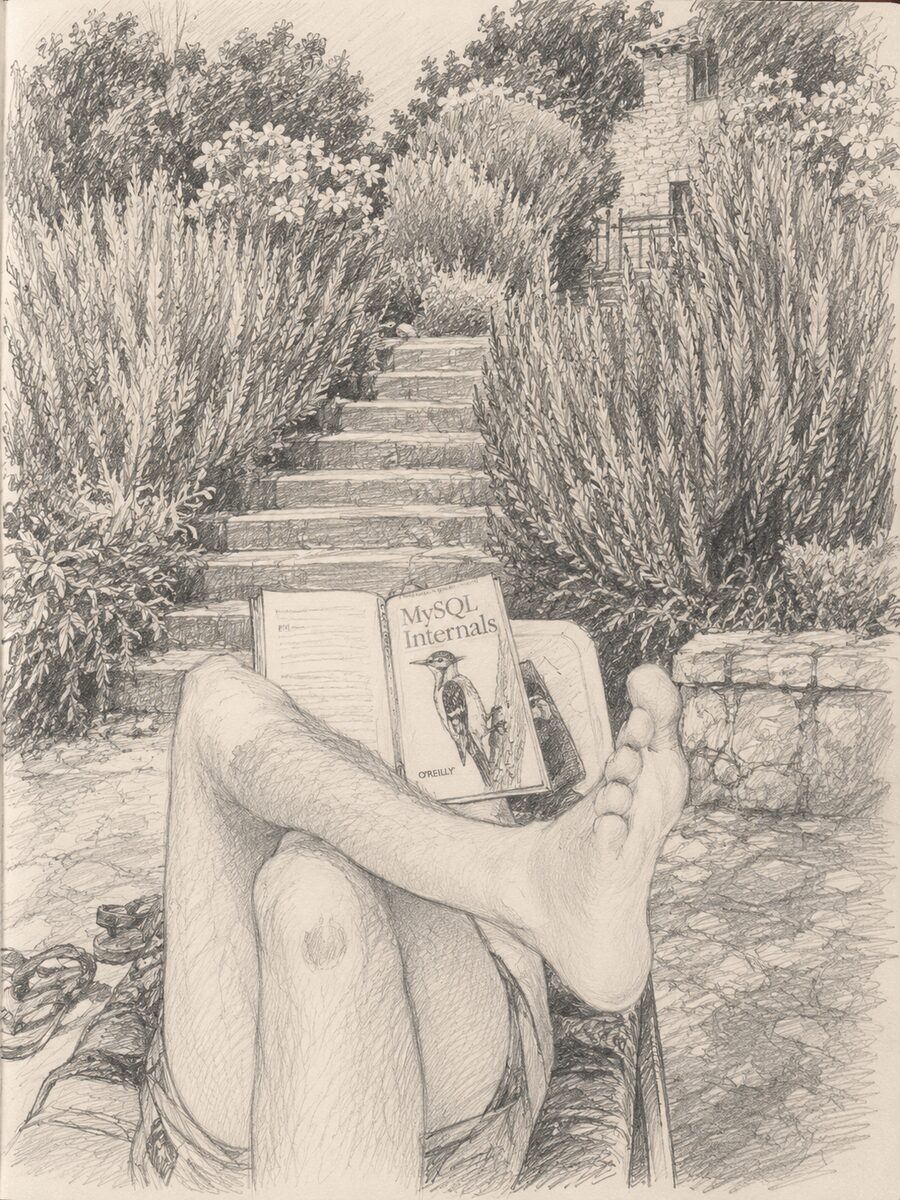 Pencil drawing of a person reading a technical manual in a garden